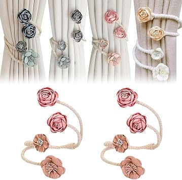 Runsgo 2 Packs Handmade Artificial Flower Curtain Holdbacks Clips, Flexible Curtain Tiebacks Clips Twist Bough Flower Curtain Tie Back 2, Pink