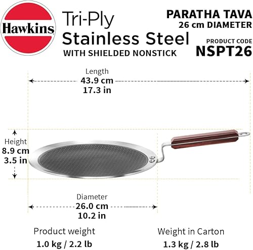 Miniatura 3 de Hawkins Paratha Tava de 10.2 in, acero inoxidable blindado triple antiadherente con mango de palisandro, nido de abeja antiadherente inducción Tawa,