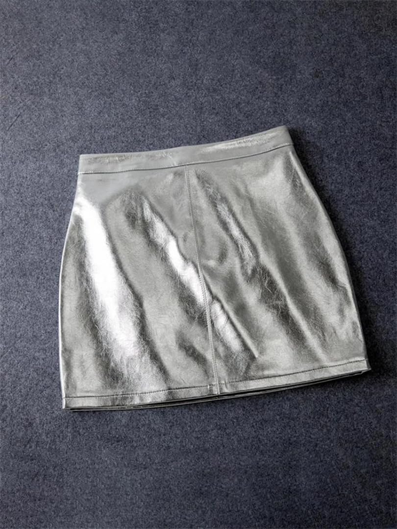 Kelsiop Minigonna da donna in ecopelle verniciata oro riflettente a vita alta Y2k Streetwear