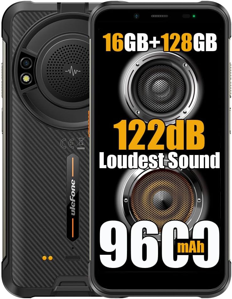 Ulefone Power Armor 16S Rugged Phone,16GB+128GB+2TB Expansion,9600mAh Battery Rugged Smartphone,50MP Camera,122dB Loudest Speaker,5.93" HD+,Android 13,Glare Flashlight,Dual 4G LTE,NFC,OTG, Black