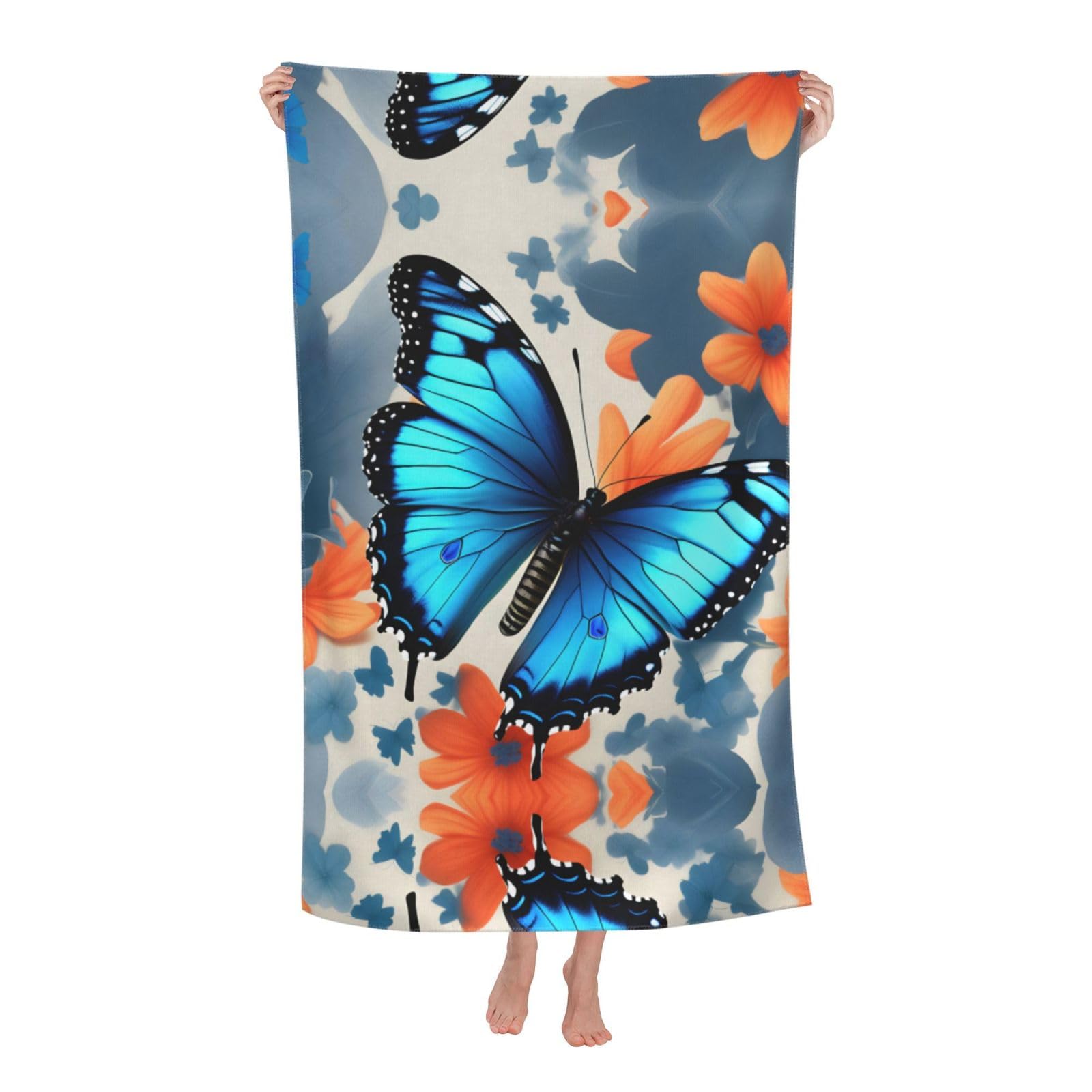 Oazcvbnn Women's White Blue Butterfly Print Adult Beach Towel Summer Travel Pool Vacation Swimming Fitness Outdoor Adventures