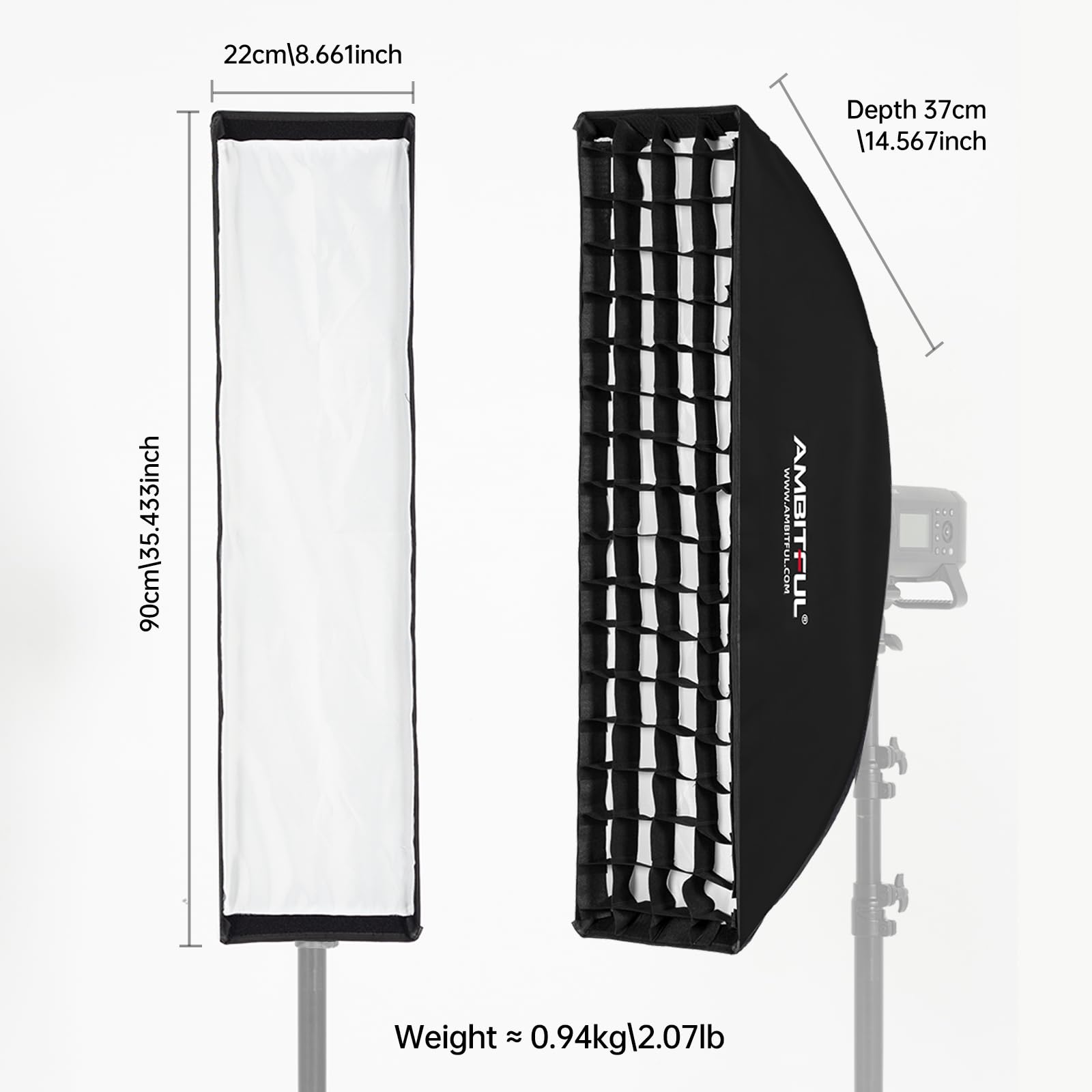 AMBITFUL FW22 x 90 - Boîte à lumière Bowens en nid d'abeille - 22 x 90 cm - Avec Grille en nid d'abeille + Sac de Transport - Pour Lampe Bowens