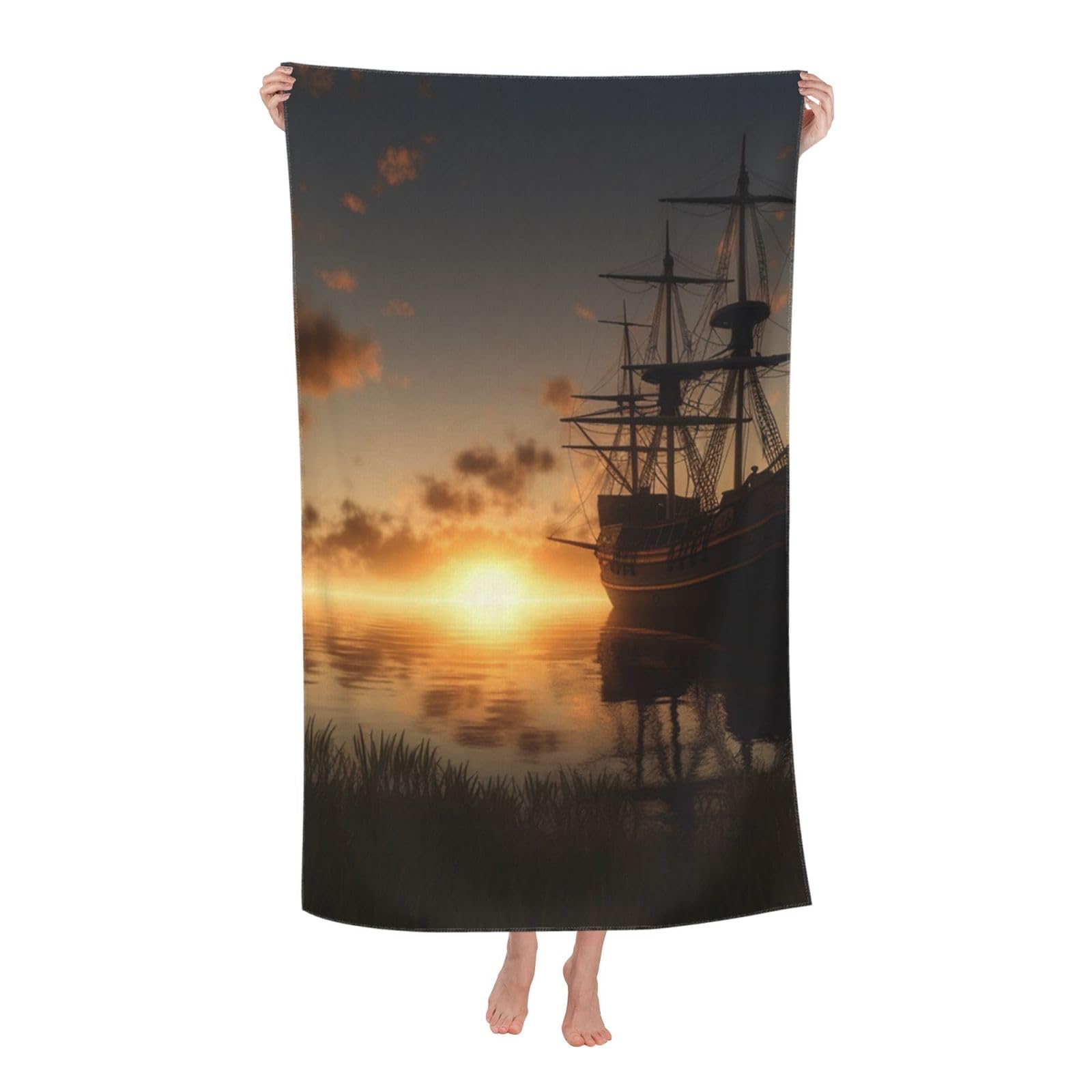 HLBSDM Ship in The Lake Sunset Beach Towel 52 x 32 in Vacation Essentials Quick Dry Sand Free Pool Swim Towel Super Absorbent Bath Towels Oversized Gym Towels Travel Blanket Gift