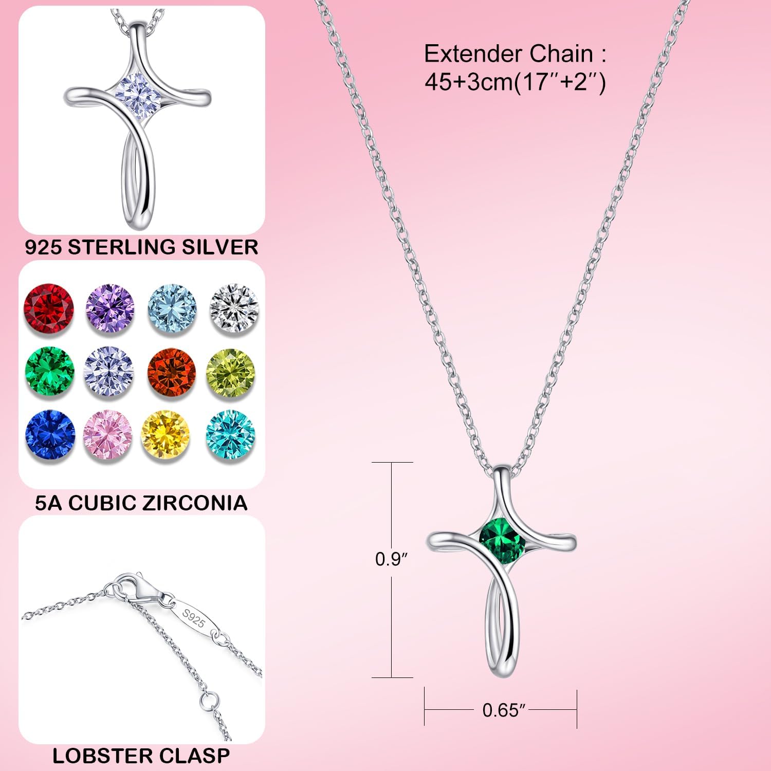 Cross Necklace for Women, 925 Sterling Silver Birthstone Necklace for Women with Diamond Sideways Cross Necklaces Birthstone Jewelry Birthday Gifts for Womens