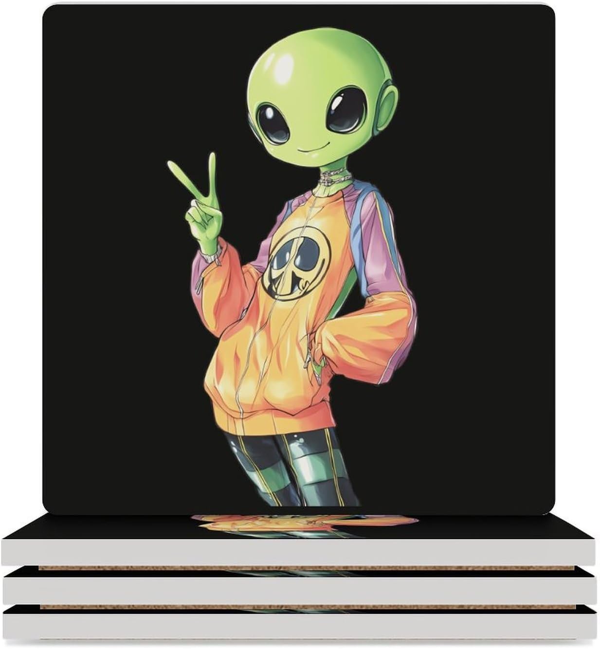 Aliens Peace Sign Funny Ceramic Coasters for Drinks Absorbent Cup Holder Tabletop Protector with Cork Base