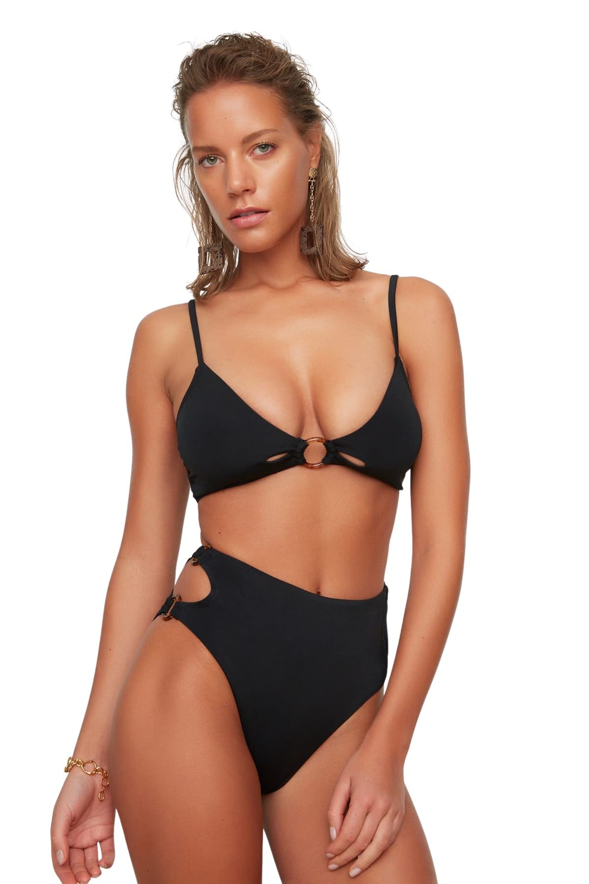 Trendyol FeMan High Waist Normal Trotter Bikini Bottom,Black,34