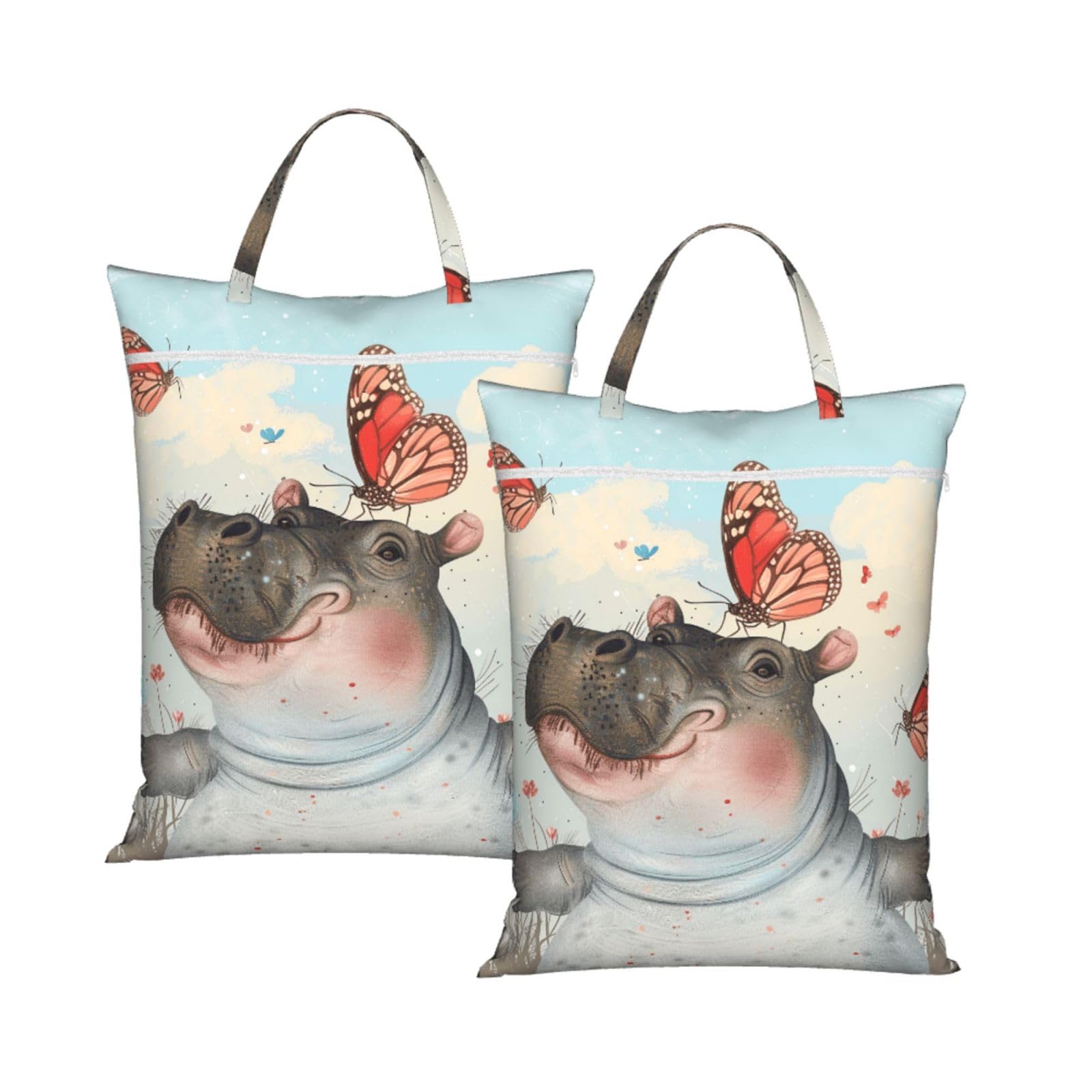 Large Travel Laundry Bags,Butterfly and hippo Print with Handle Foldable Laundry Bag for Holidays Gym Swimming and Family Trips, 2Pcs