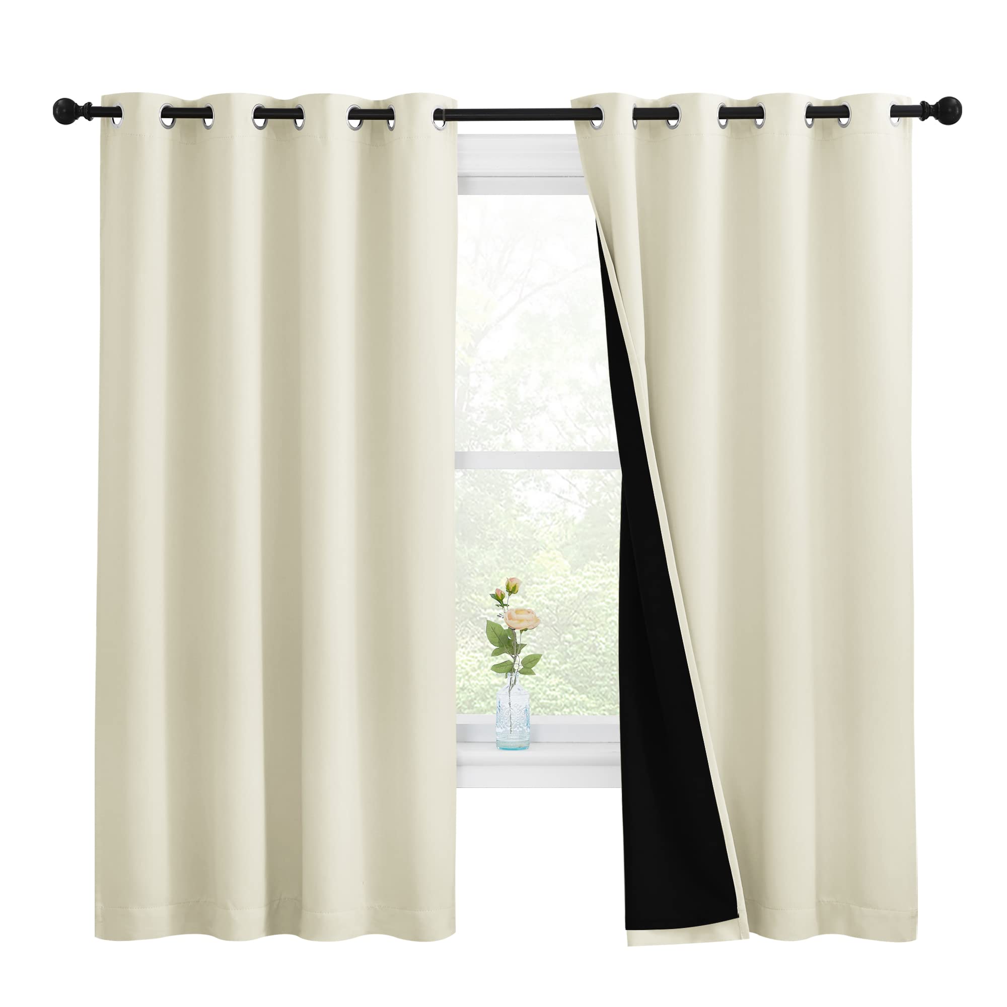 NICETOWN Warm Curtains for Winter, Bedroom Full Blackout Curtain Panels, Super Thick Insulated Window Covers, Complete Blackout Draperies with Black Liner (Beige, Set of 2, 55 by 68-inch)