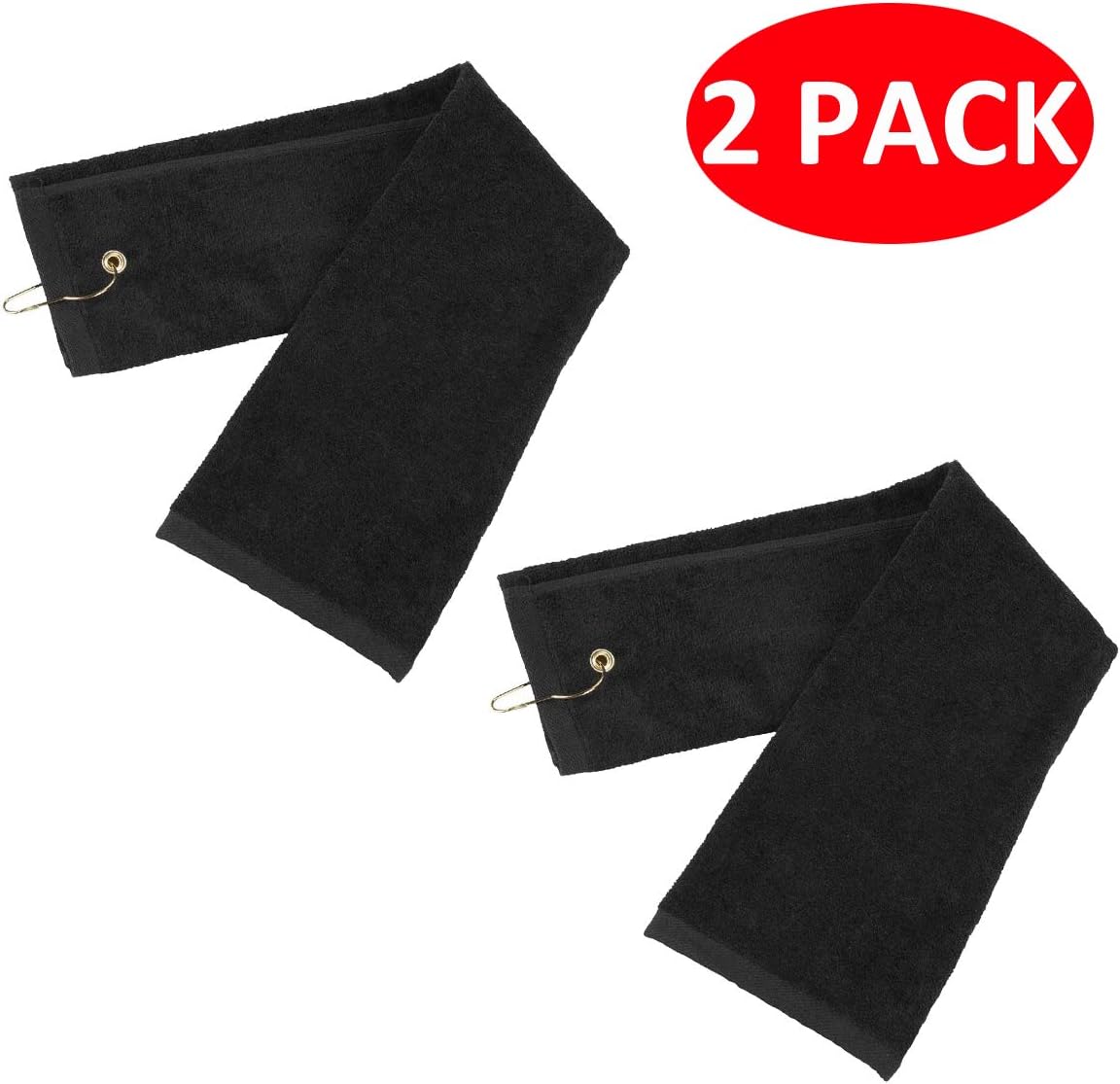 2 Pack Golf Fold Towel with Metal Carabiner Clip Sports Hiking Black 12inch x 16inch