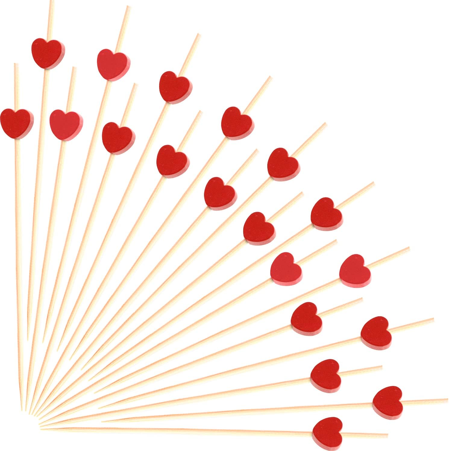 100pcs Red Heart Cocktail Picks 4.7" Long Fruit Sticks Food Toothpicks Sandwich Appetizer Charcuterie Skewers, Handmade of Bamboo Wood, for Birthday, Wedding, Valentines Day Decoration Party Supplies