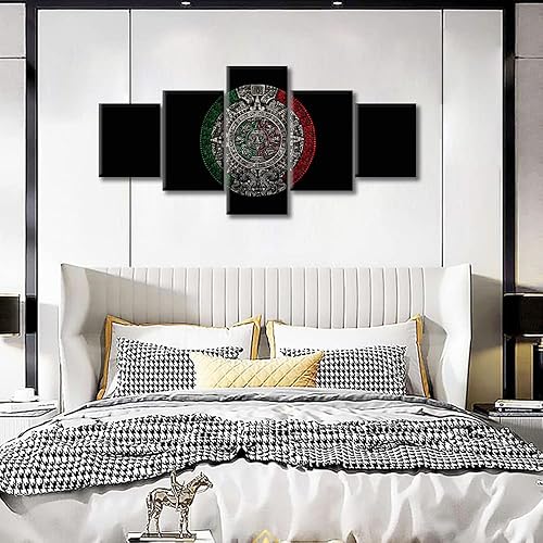 Miniatura 3 de TUMOVO Lienzo de piedra azteca con sol para sala de estar, pintura abstracta moderna negra y roja, imagen maya para dormitorio, 5 paneles,