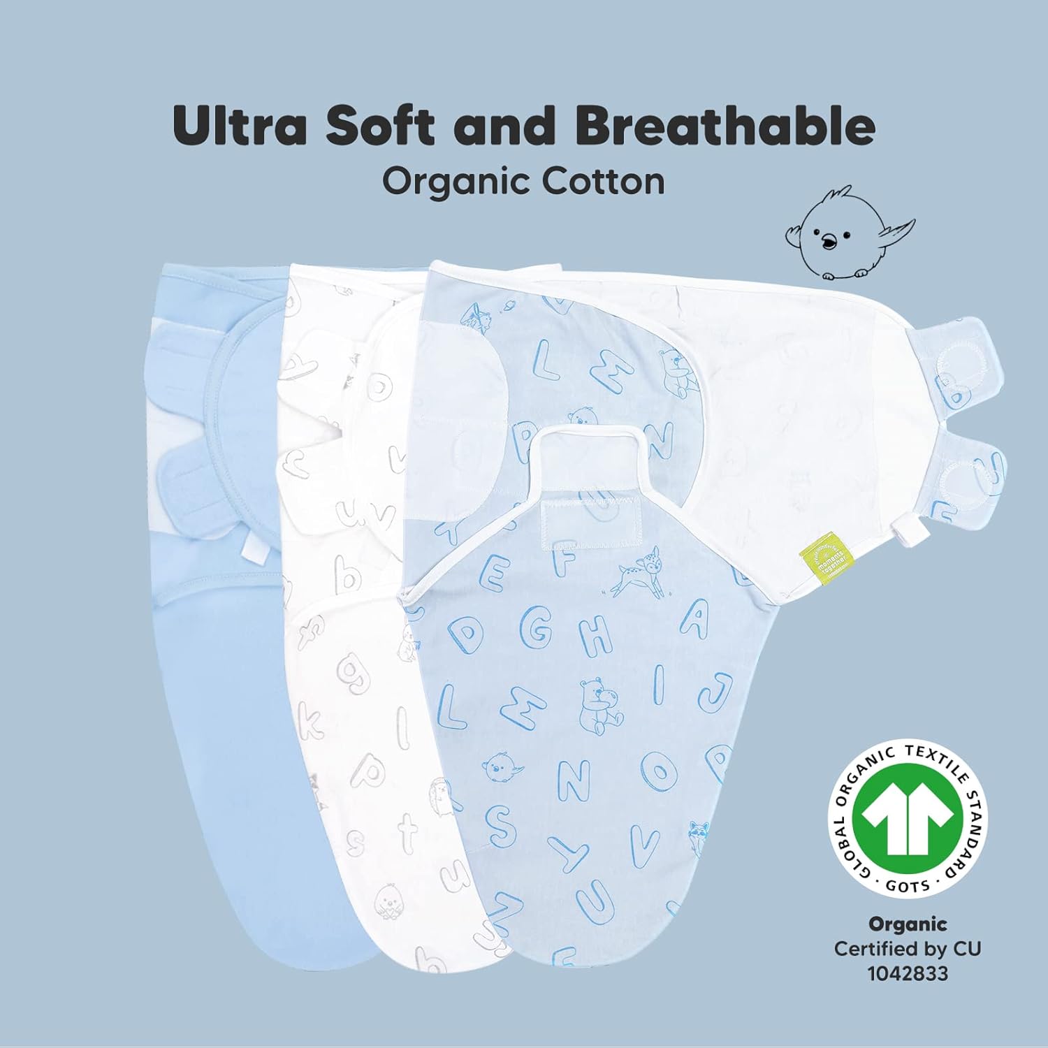 KeaBabies Baby Swaddle Sleep Sacks and Organic Fitted Crib Sheets for Boys and Girls Bundle - 3-Pack Newborn Baby Swaddles (ABC Land Cloud) - 2-Pack Breathable Jersey Cotton Sheets (ABC Land Cloud)