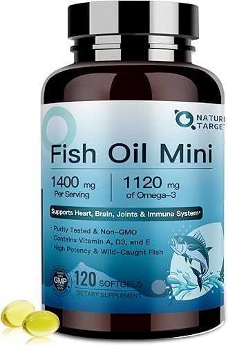 NATURE TARGET Aceite de pescado Mini 1400 mg, suplemento Omega 3 de alta potencia con vitaminas A y D3 y E, apoya el corazón, el cerebro, las