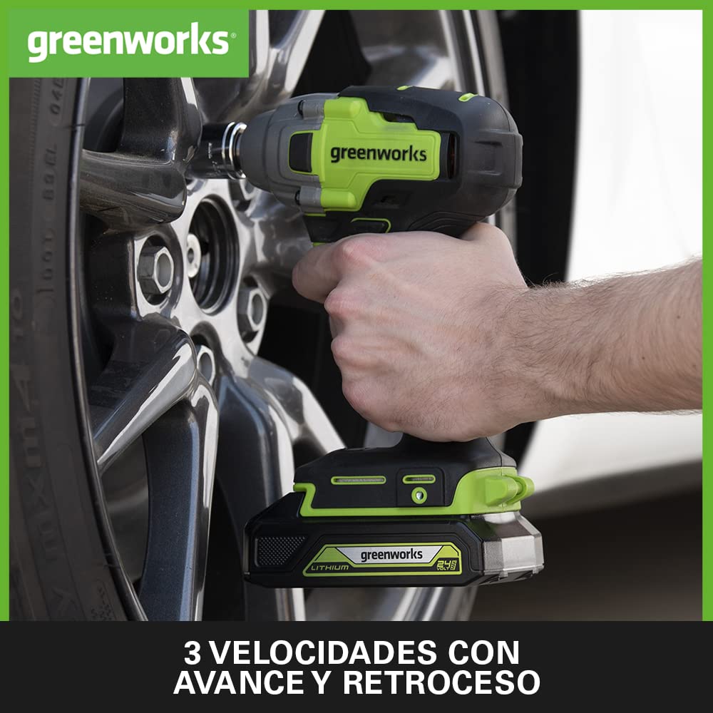 Greenworks GD24IW400 Llave de Impacto Inalámbrica con Motor sin Escobillas, 0-2800 rpm, 0-4000 ipm, Torque de 400 Nm, Acoplador de 1/2” (1,27cm) SIN Batería de 24V y Cargador, Garantía de 3 Años