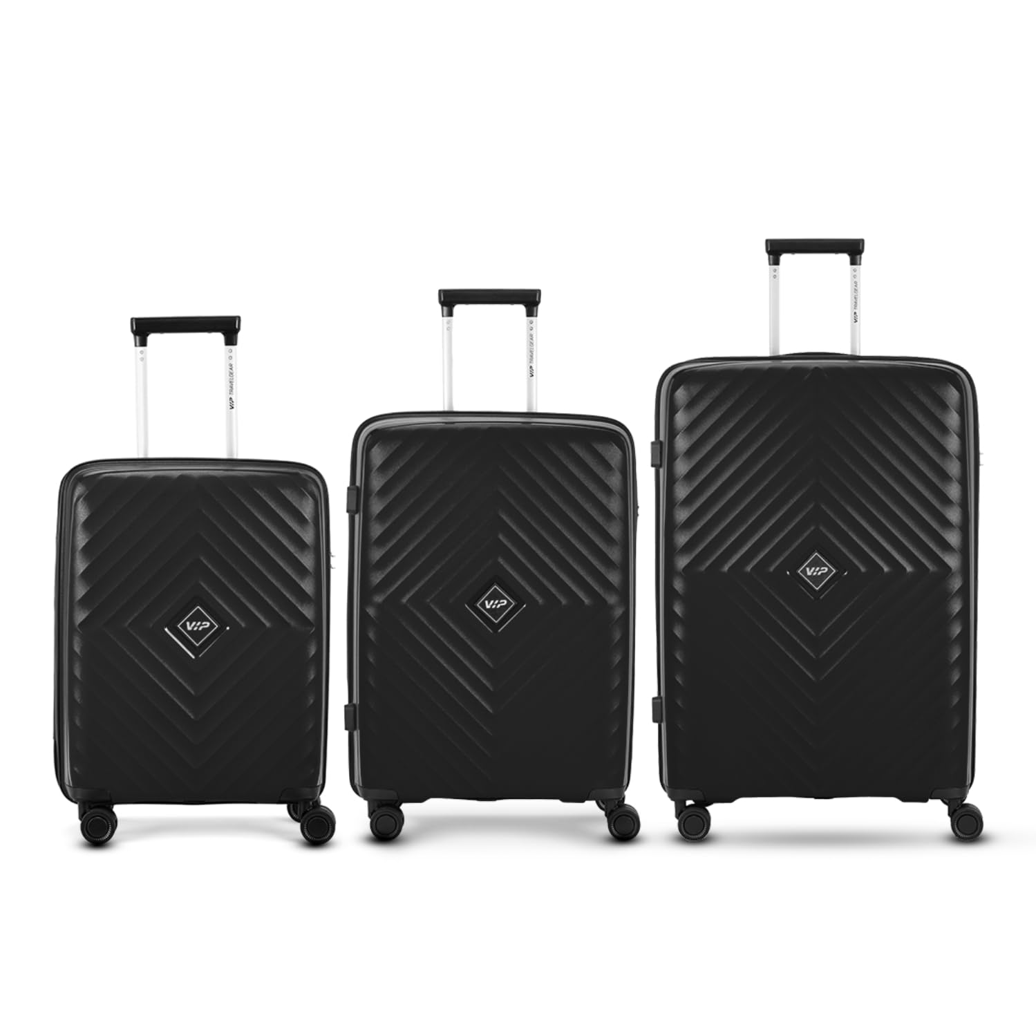 VIP Quad Active 3 Pc Set Cabin 55 Cm (Small) Check-in 66 Cm (Medium) 75 Cm (Large) 8 Spinner Wheels Trolley Bags for Travel,Hard Case Lightweight Bag & Combination Lock,Suitcase for Travel (Black)