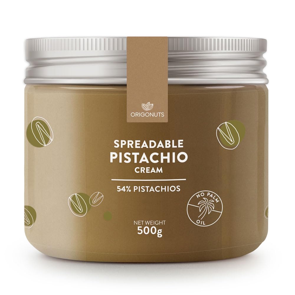 ORIGONUTS, Pistazienpaste 54% Pistazien, Pistaziencreme, Pistazienmus - Basis für Kuchen, Cremes, Desserts, Eiscreme, Dubai-Schokolade - Ohne Farbstoffe, Ohne Palmöl - 500 g