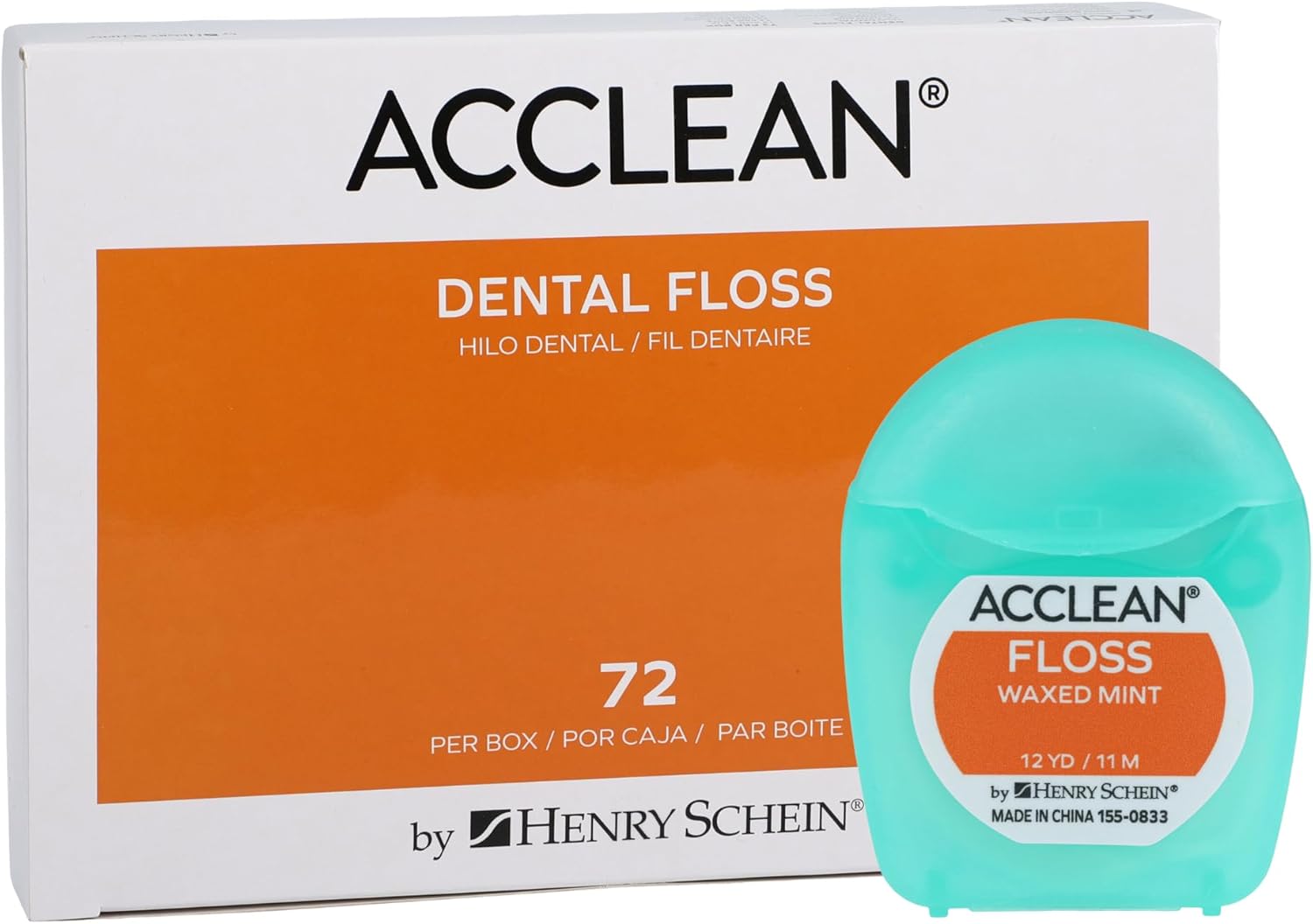 Acclean Dental Floss, Nylon, Waxed, 12 Yards, Mint Flavor, Patient Size, 72 Count