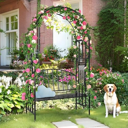 Arco de jardín de metal con banco de escalada enrejado para bodas, decoración al aire libre, soporte de plantas para balcón, cenador negro duradero para vides y flores