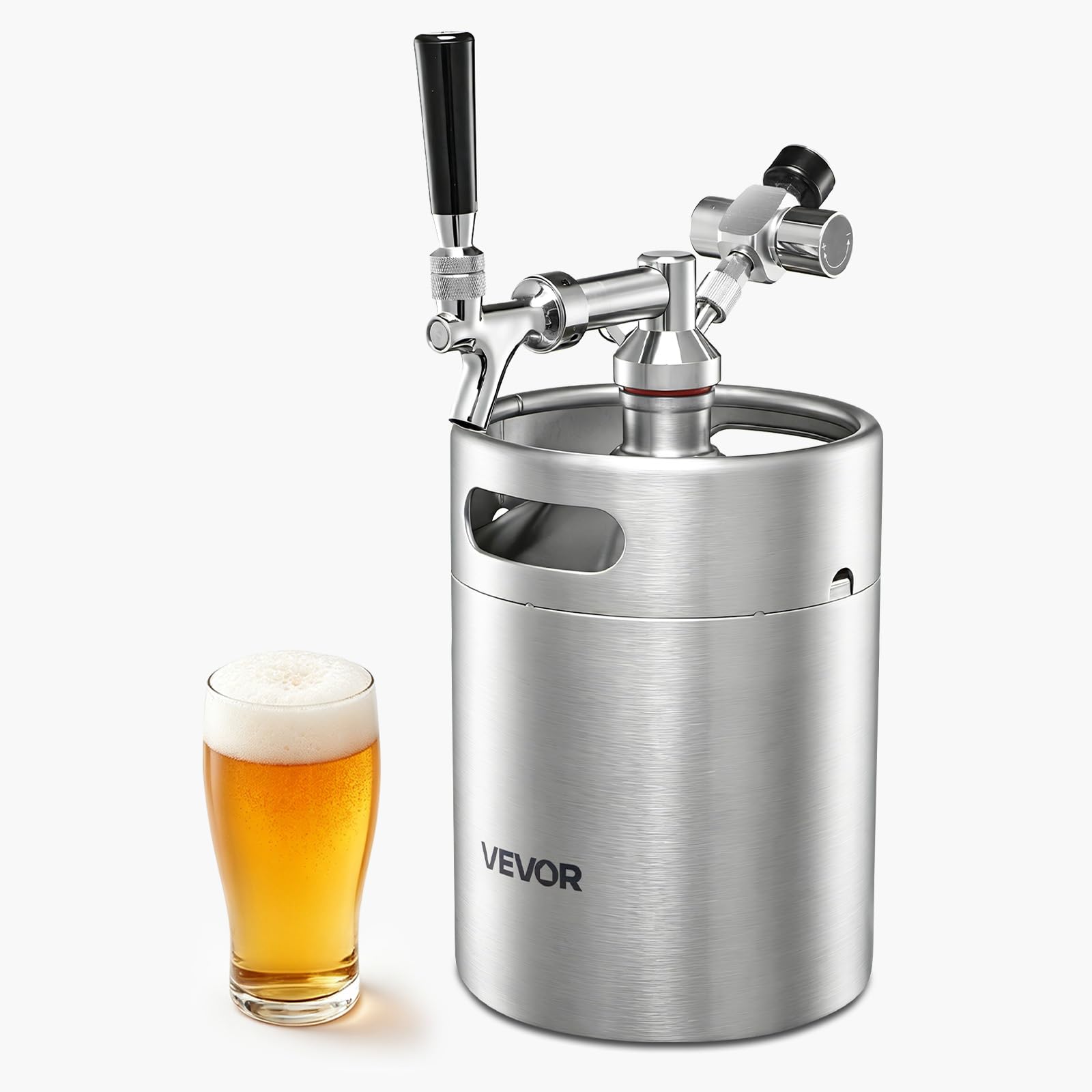 VEVOR Mini Barril Dispensador de Cerveza de 4 L de Acero Inoxidable 304, Con Regulador de CO₂ y Grifo de Cierre Automático, Compatible con Cartuchos de CO₂ de 16 g (No Incluido), Para Fiesta, Hogar