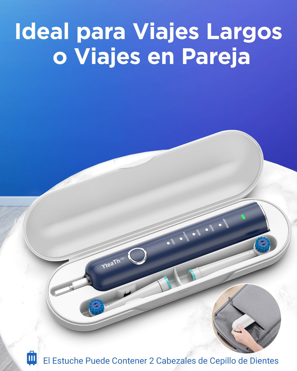 Cepillo de Dientes Eléctrico de Rotación Adultos con 8 Cabezales - Cepillo Electrico con Estuche de Viaje, 5 Modos, IPX7 Impermeable, Cepillo Dientes Electrico Viaje Recargable, Azul