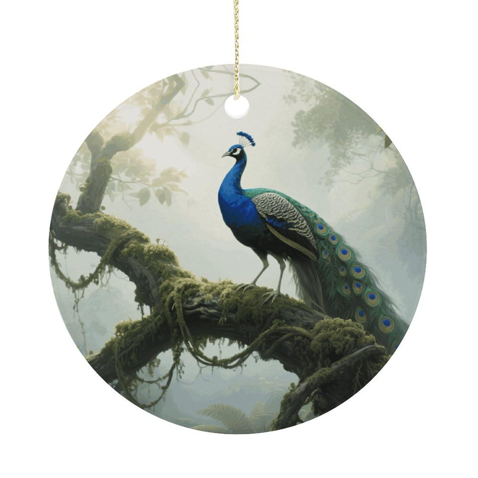 Personalized Christmas Ornaments 2025 Ceramic Hanging Forest Peacock Ornaments with Gold String Double-Sided Vintage Holiday Decorations for Tree Mantel Tabletop Xmas Party Favors