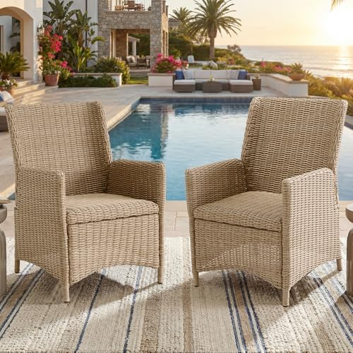 COMLAX FIELD Outdoor Chairs Set of 2 Patio Wicker Dining Chairs with Quick-Dry Foam All-Weather Rattan Bistro Chairs for Garden Lawn Backyard Kitchen Deck