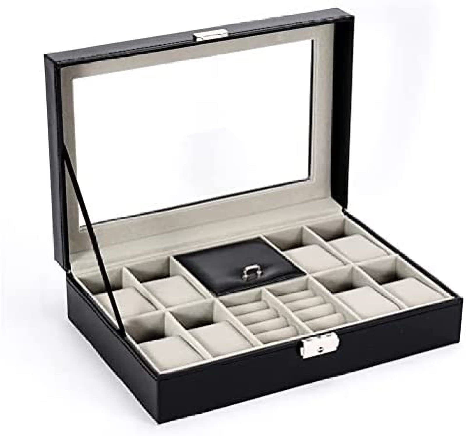 YNBSHGAA Jewelry Box for Watches Rings Bracelets Earrings Necklaces Cufflinks Lockable Travel Jewellery Storage Case with Transparent Lid Unisex Gift Box Black Customized Watches