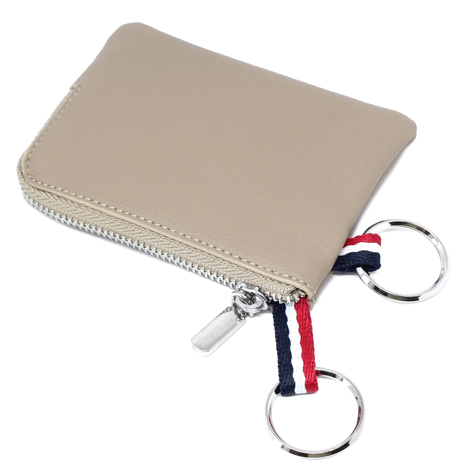 imeetu Leather Coin Purse Wallet, Mini Dual Keyrings Change Pouch Card Holder for Men Women (Light khaki, standard)