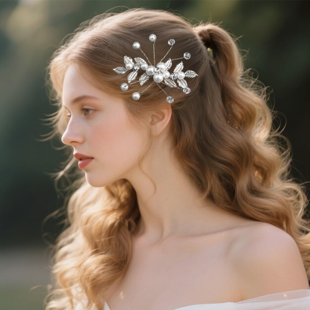 4 Pezzi Accessorio per Capelli da Sposa Pettini per Capelli da Sposa e Forcine a U con Strass Perla Nuziale Decorativo Cerchietto Festa di Nozze per Donne e Ragazze (Argento)