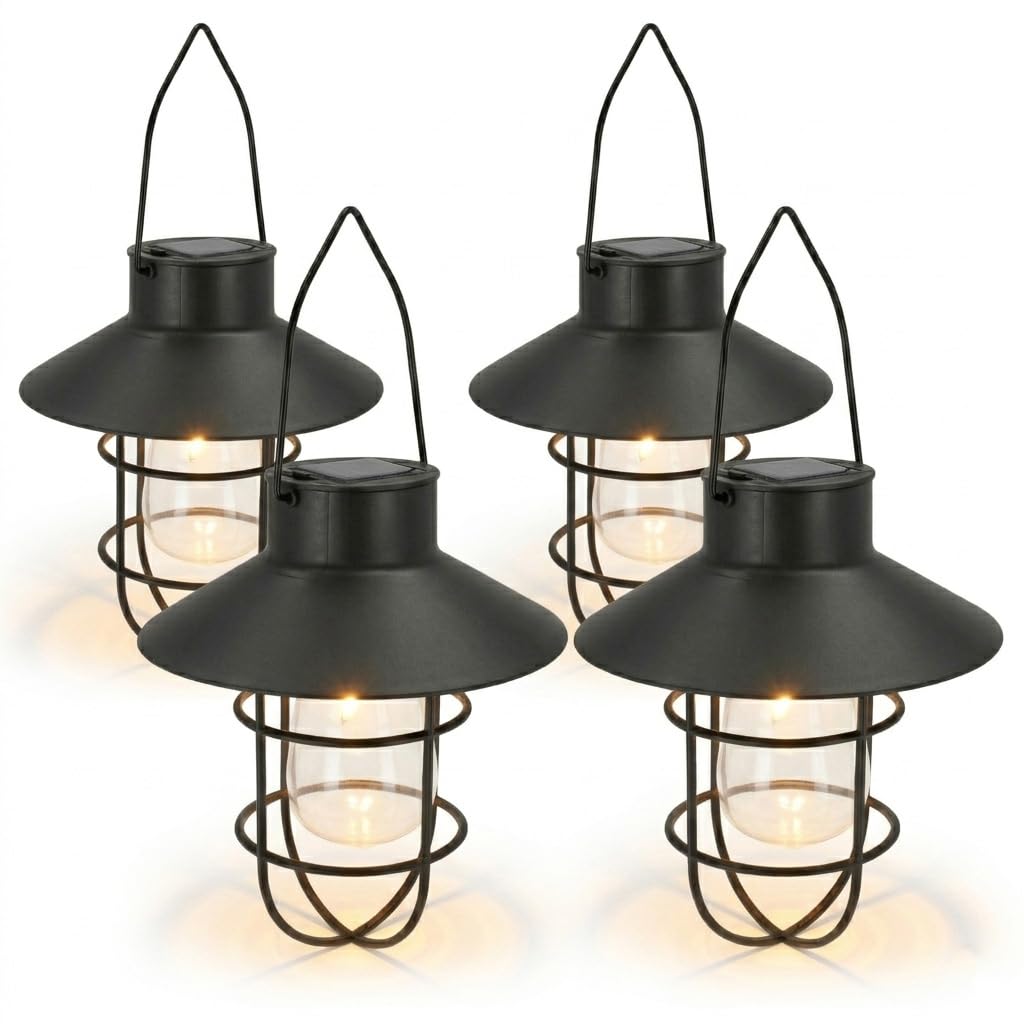 Hängende Solarleuchte für den Garten, rund, Laterne, LED-Außenlaterne, warmweiß, IP44, rund, für Terrasse, Pavillon, Garten, Balkon, Dämmerungssensor, Campinglaterne (4 Stück, schwarz)