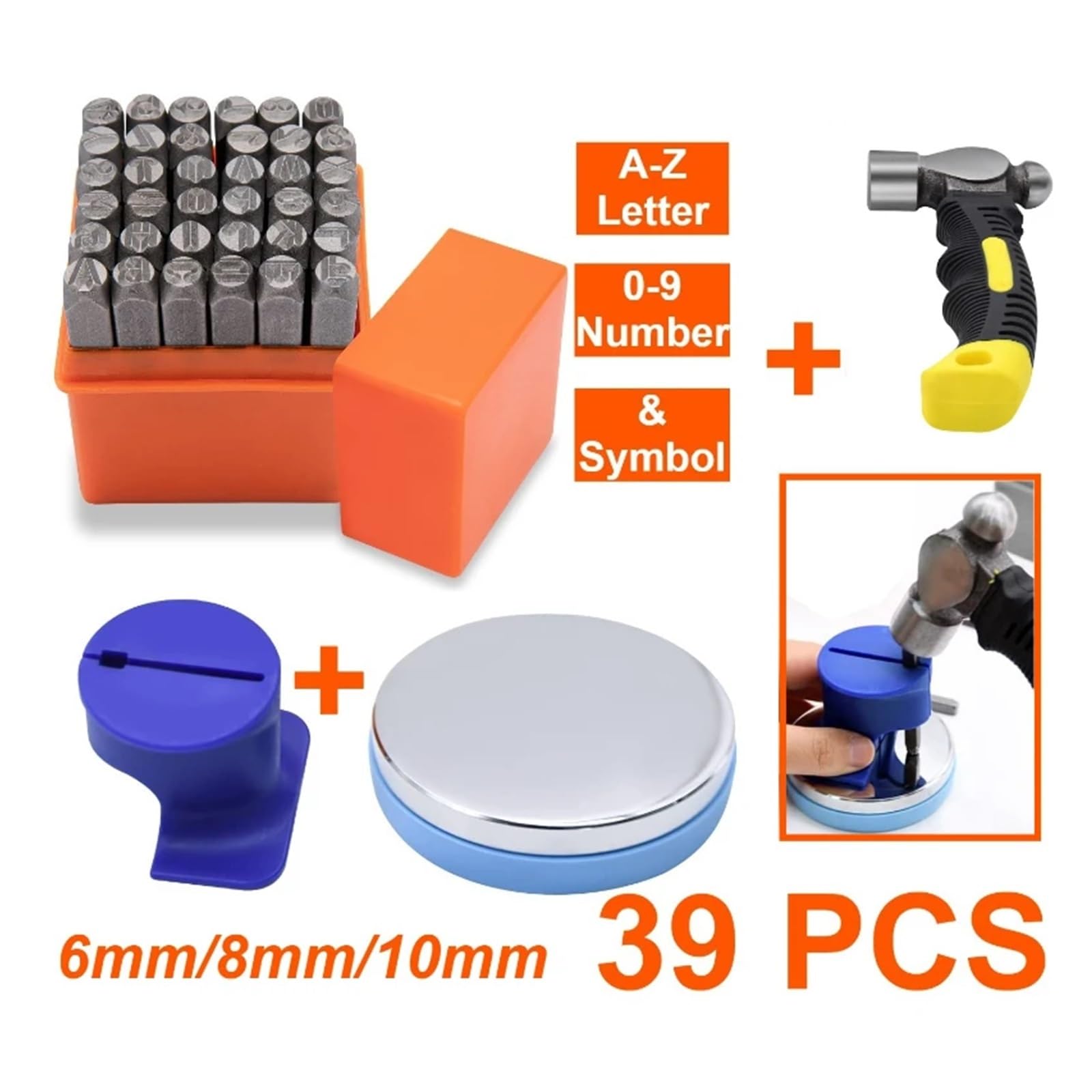 Juego de sellos con letras y números, Kit de estampado metal, 39 piezas, letra mayúscula, número, perforadora, martillo, bloque acero, 6/8/10 mm(6mm Set)