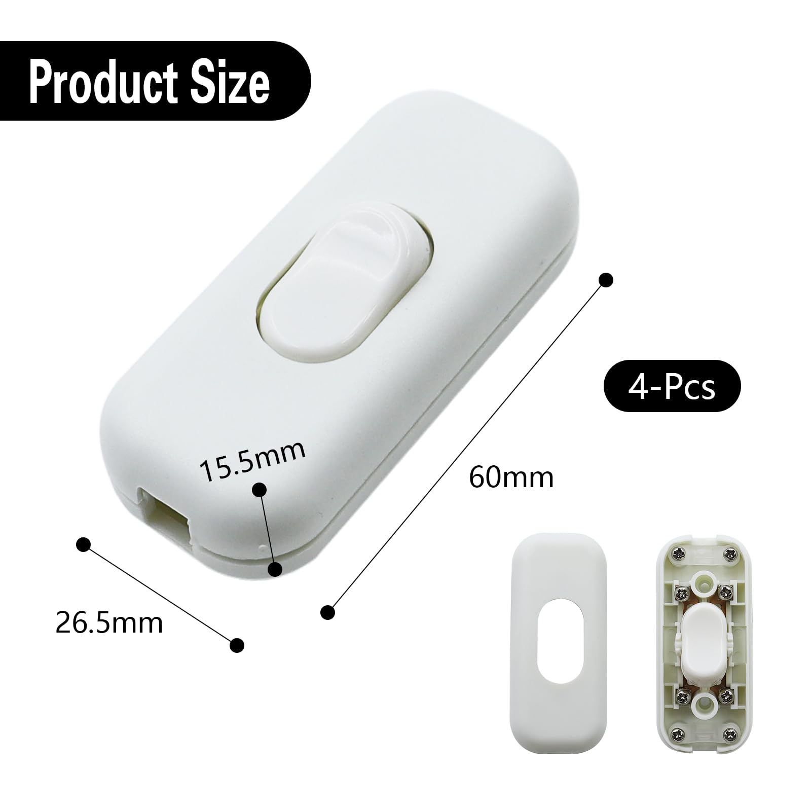 4 Pcs Torpedo Inline Switch, 250V 6A, Small, Bipolar, for 2 or 3 Core Cable, White - Image 2