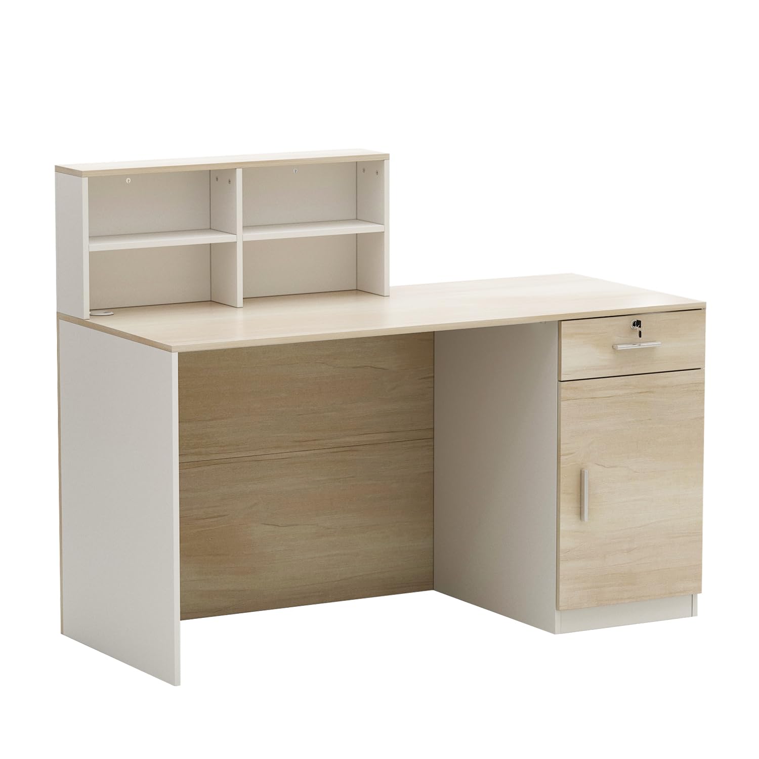 Mesa de recepción, mesa de recepción, mostrador de recepción con compartimentos abiertos, mostradores de recepción con 1 cajón y 1 armario, muebles de oficina, color madera y blanco, 140 X 60