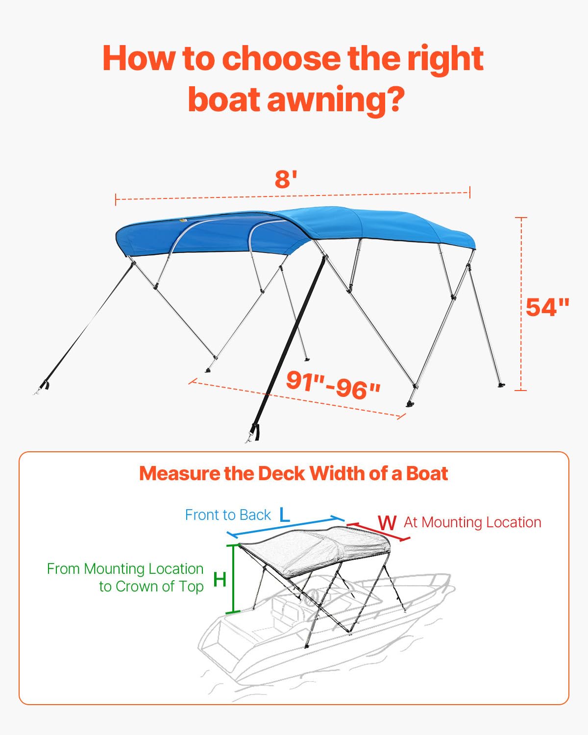 VEVOR Tendalino per Barca a 4 Archi in Poliestere 600D con Telaio in Lega di Alluminio, Tendalino Parasole Impermeabile per Barca con Borsa Portaoggetti, Larghezza 231 a 244 cm Blu Pacifico