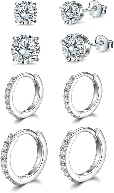 Silver Stud Earrings Set For Women,4 Pair Silver Stud Earrings Silver Hoop Earrings, 925 Sterling Silver Posts Cubic Zirconia Sleeper Cartilage Huggie Earrings, Size 4mm 5mm 8mm 10mm