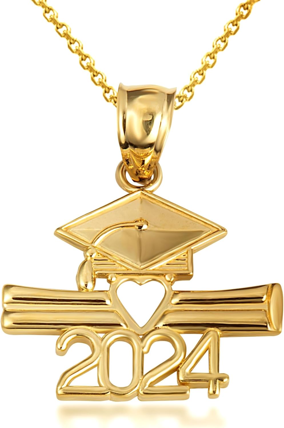 Fine 10k Gold Class Of 2024 Graduation Cap & Diploma Heart Pendant Necklace
