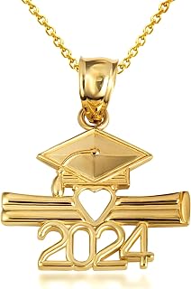 Fine 14k Gold Class Of 2024 Graduation Cap & Diploma Heart Pendant Necklace