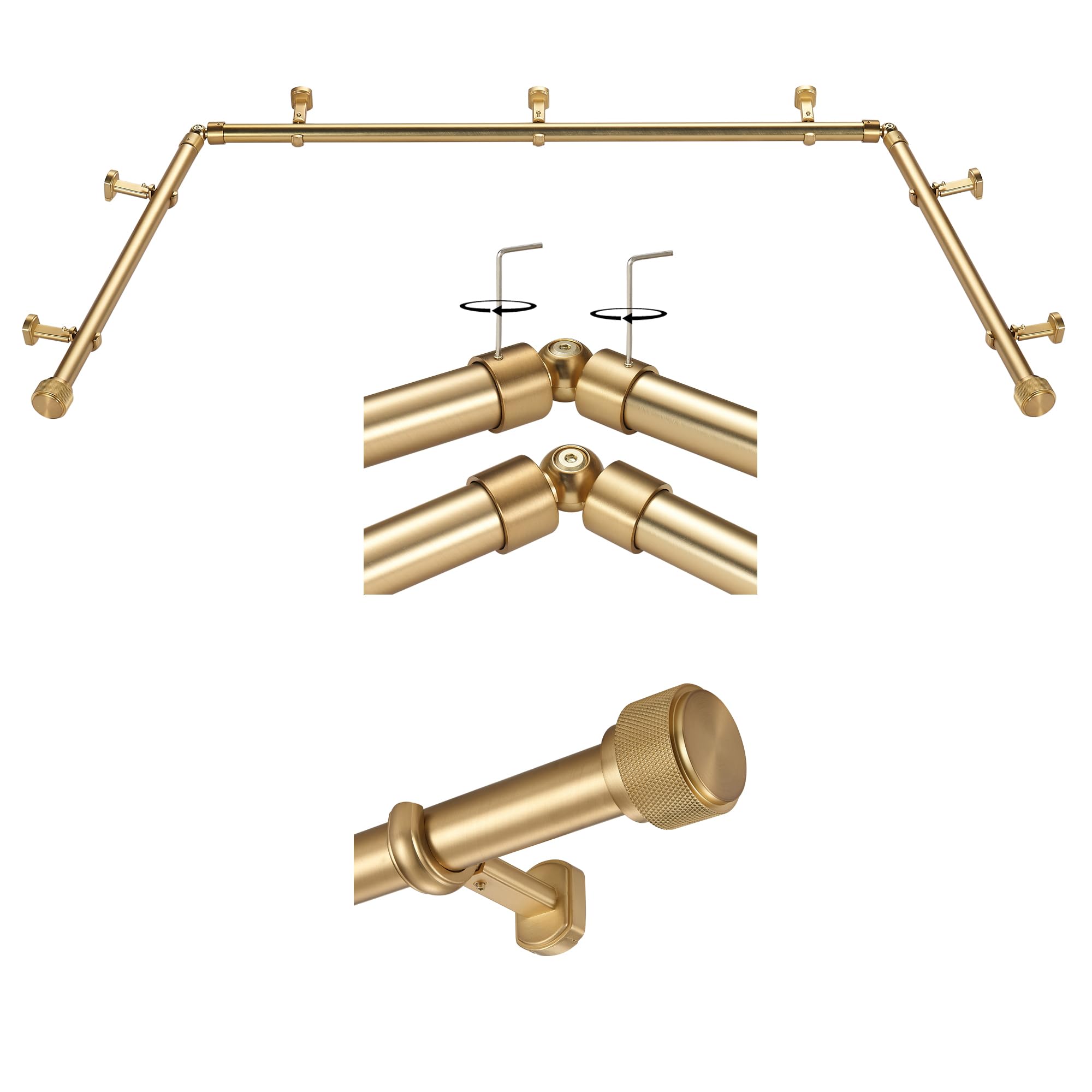 Photo 1 of 1-1/8 Inch Corner Curtain Rod for Windows - Telescoping Bay Window Curtain Rods - Aluminum Finials - Adjustable Concealed Mounting Bracket - 36-72 Inch Center Rod - 20-36 Inch Side Rods - Brushed Gold