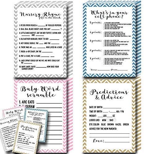 BabyShower Games by We The Party Featuring 25 of Each Game: Baby Word Scramble | What's in Your Cell Phone | Nursery Rhyme Game | PREDICTIONS and Advice | Baby Shower Games for Boy or Girl