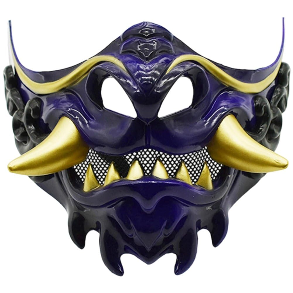 Fituenly Men's Blue Samurai Oni Half Face Masks Plastics Hannya Mask Japanese Mask For Halloween Costume Cosplay Party Props