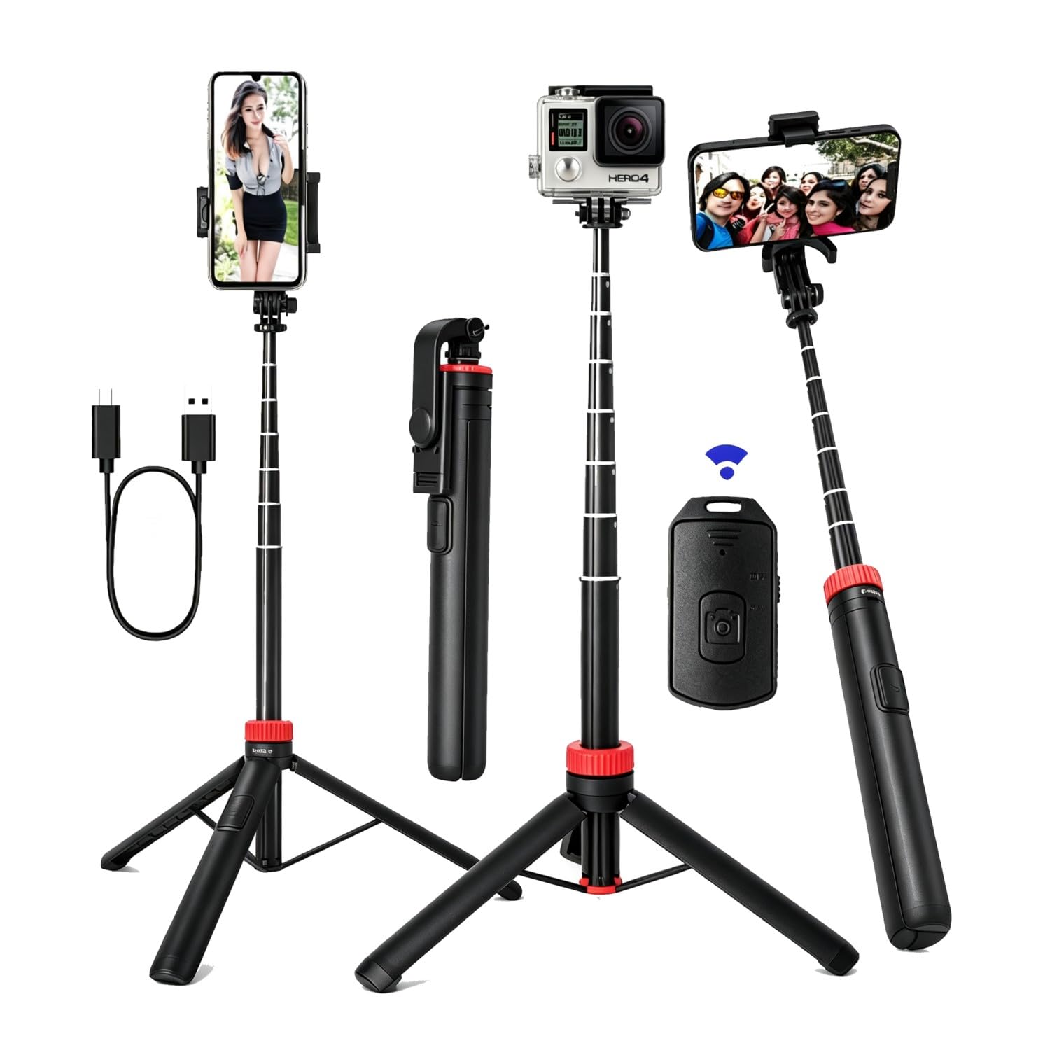 Treppiede per iPhone e fotocamera, treppiede portatile con telecomando ricaricabile e supporto girevole per telefono, bastone per selfie per iPhone/GoPro e fotocamere (rosso, 66 pollici)