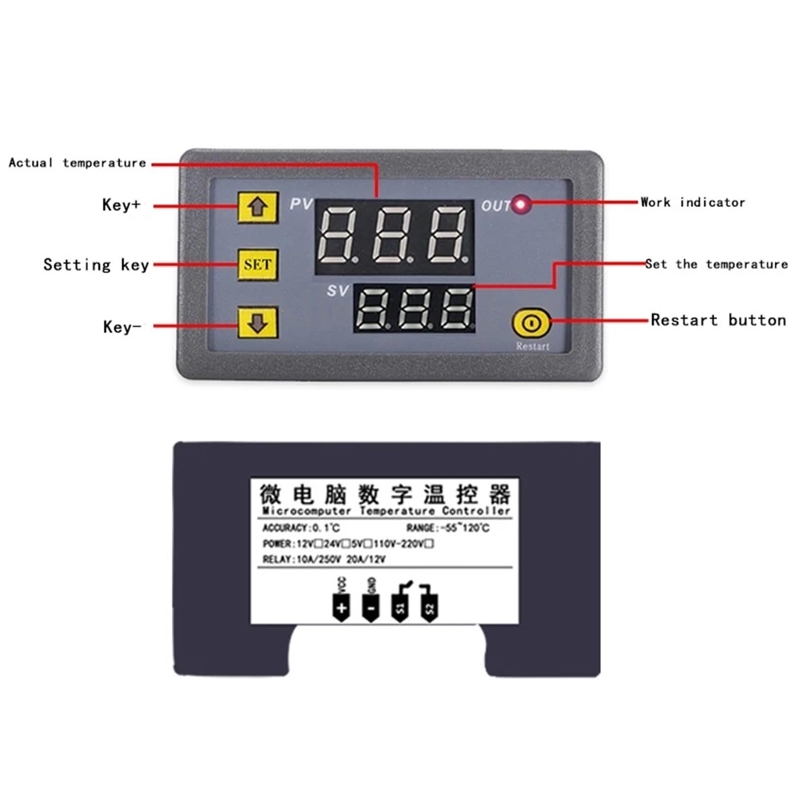 W3230 12V 24V AC110-220V Sonda linea 20A Controllo temperatura digitale Display LED Termostato con strumento di controllo calore/raffreddamento(DC24V)