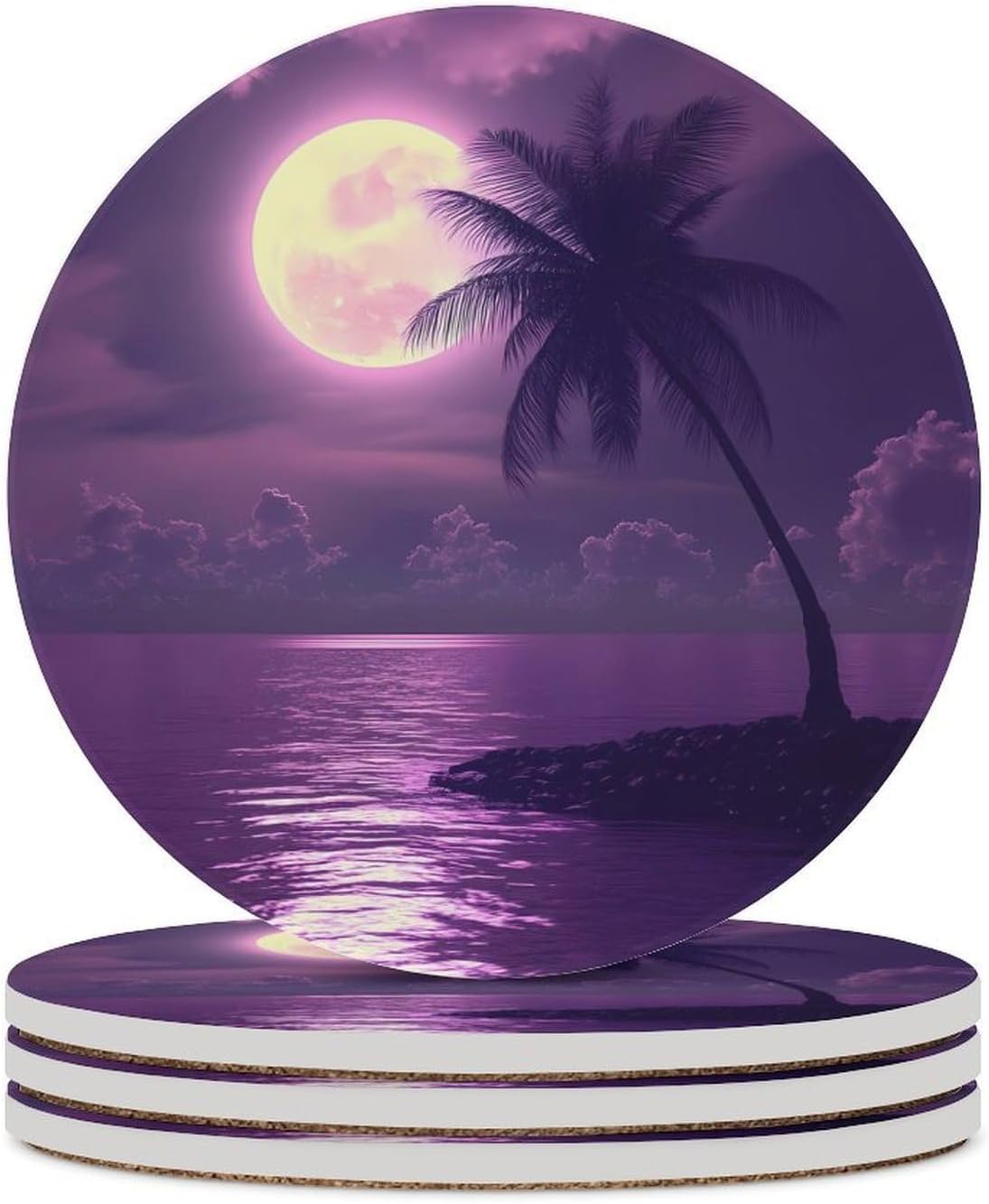 Purple Ocean Moon Palm Tree Round Ceramic Coasters Print Drinks Absorbent with Cork Base for Home Decor Gifts 4 Inch