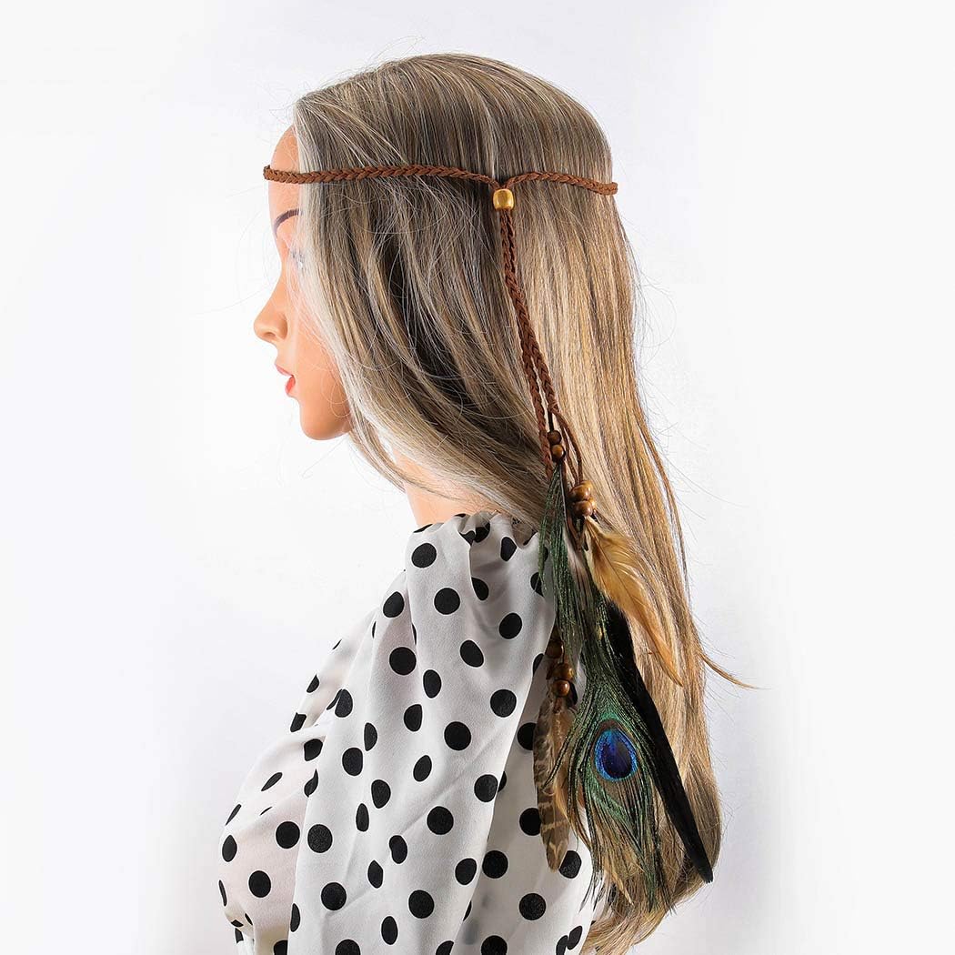 Miniatura 3 de Gangel Diadema hippie de plumas indias con elegante diadema con plumas de pavo real y borla de cáñamo para festivales máscaras disfraz de carnaval