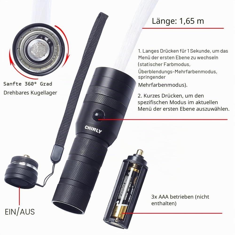 CHINLY LED-Faser Optik Peitsche Wiederaufladbar Dance Peitsche Super helles Licht 40 Farb-Effekt-Modus APP Steuerung und 360° Drehung für Tanzen, Partys, Lichtshows, EDM Musik-Festivals