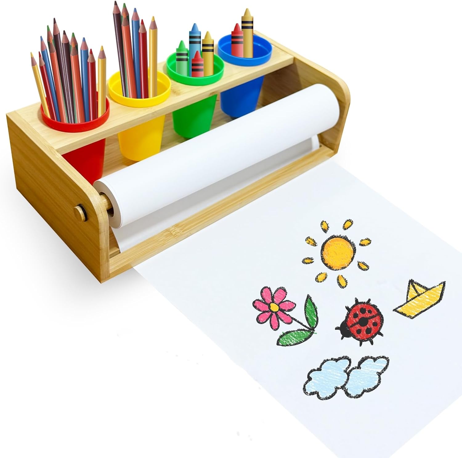 Bamboo Tabletop Paper Roll Dispenser, Desktop Art Easel with 12" x 49ft Blank Paper Roll, 4 Pen Cups, Paper Cutter for Drawing, Writing, Graffiti, Art Crafts