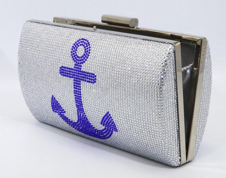 Women's Nautical Anchor Glamour Evening Bag Sparkly Rhinestone Clutch Purses Luxury Handbags Pocketbook - Silver Glitter with Blue Glitter Anchor