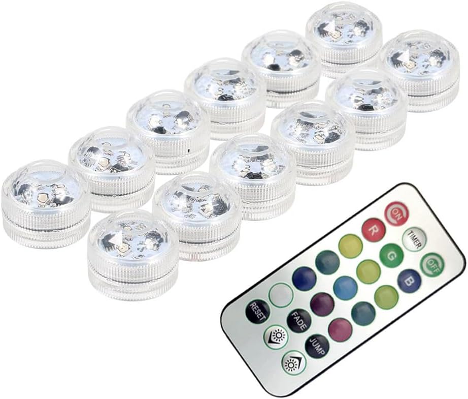FTVOGUE RGB LED Submersible Lights, Mini IP68 Wireless Remote Control with 13 Colors 3 Modes, for Vases Bowls Water Filled Containers (12pcs)