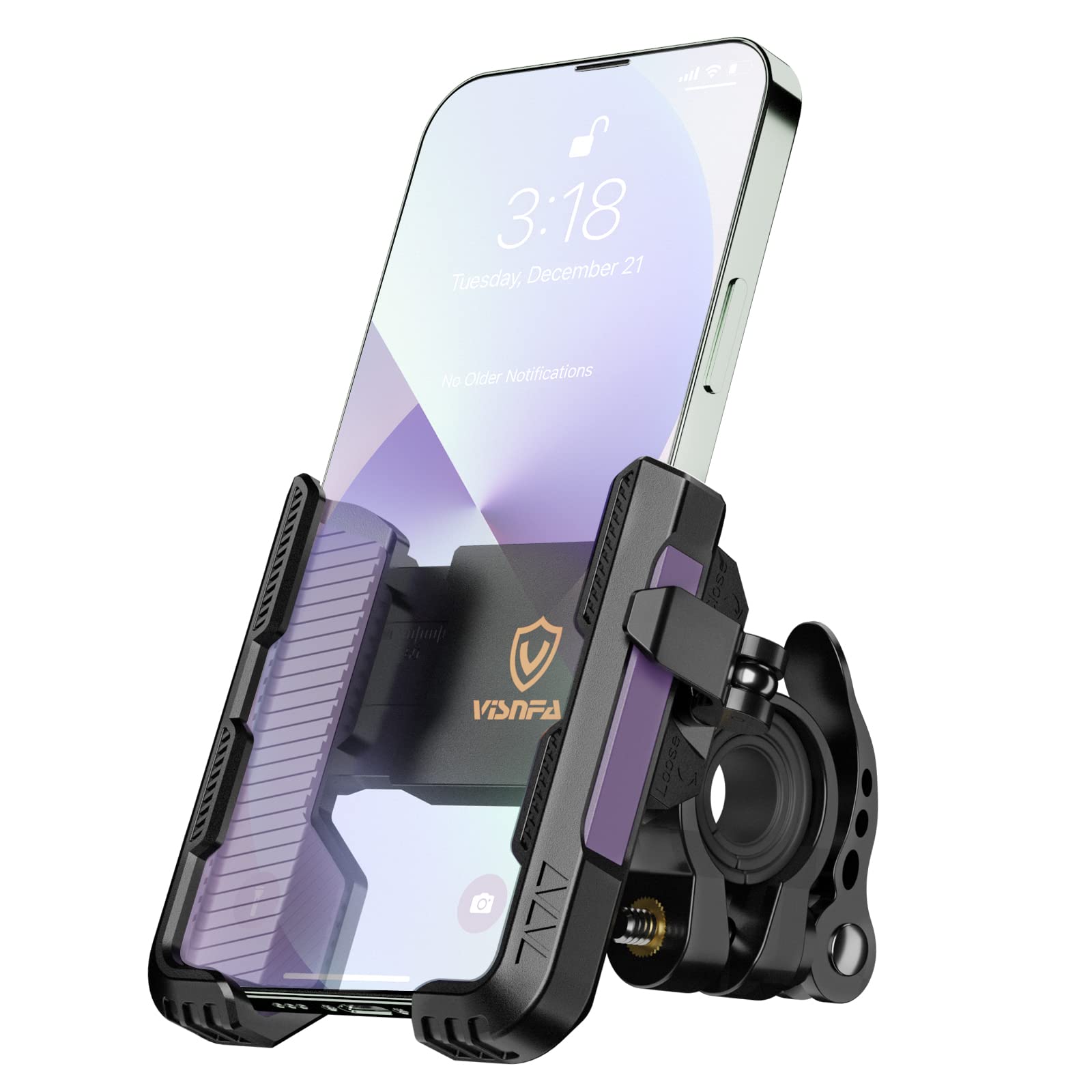 visnfaNew Upgraded Bike Phone Mount Holder Two Connectors Quickly Lock and Release,360°Rotatable Bicycle Motorcycle Scooter Accessories Handlebar Phone Clip Suitable for 4.0"-7.0" Smartphone (Purple)
