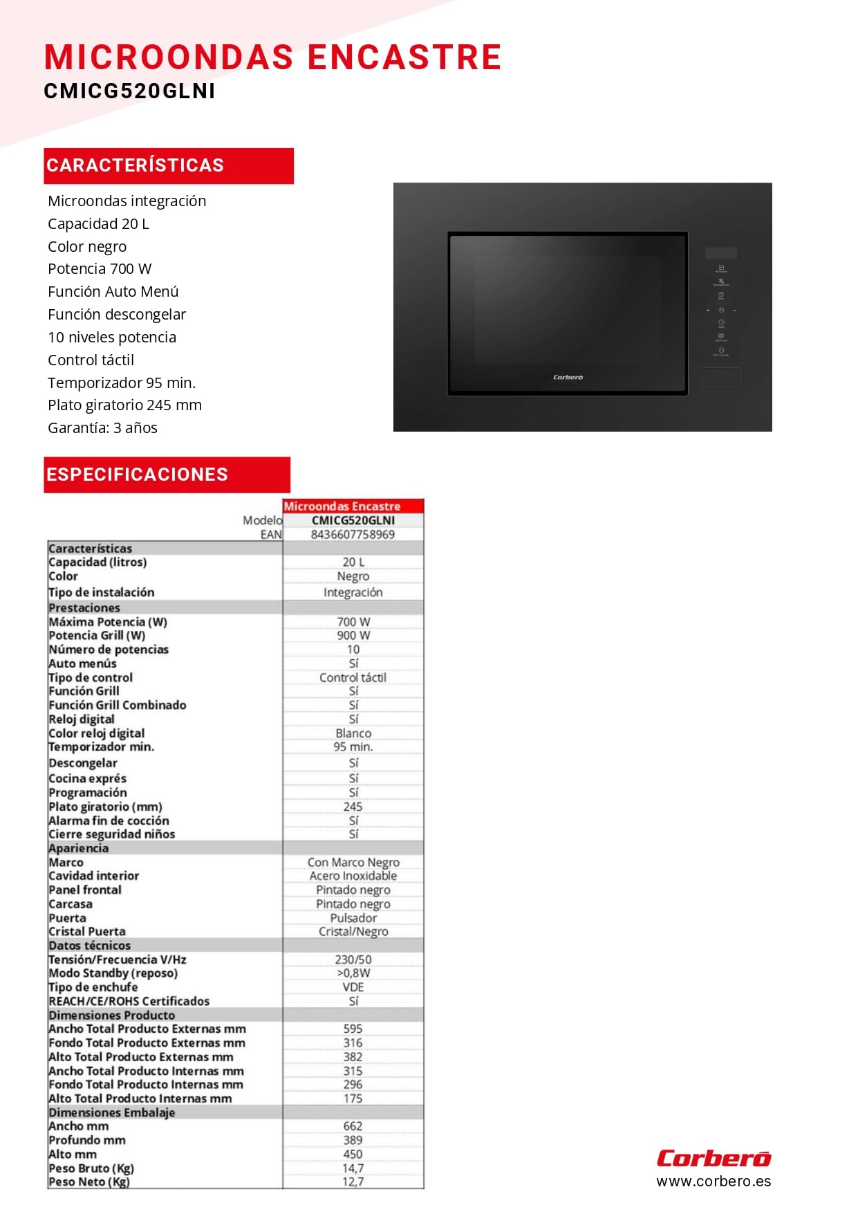 Corberó CMICG520GLNI Micro-ondes encastré Capacité 20 l Puissance 700 W 10 niveaux Menu automatique Décongélation Minuterie 95 min Contrôle tactile Noir